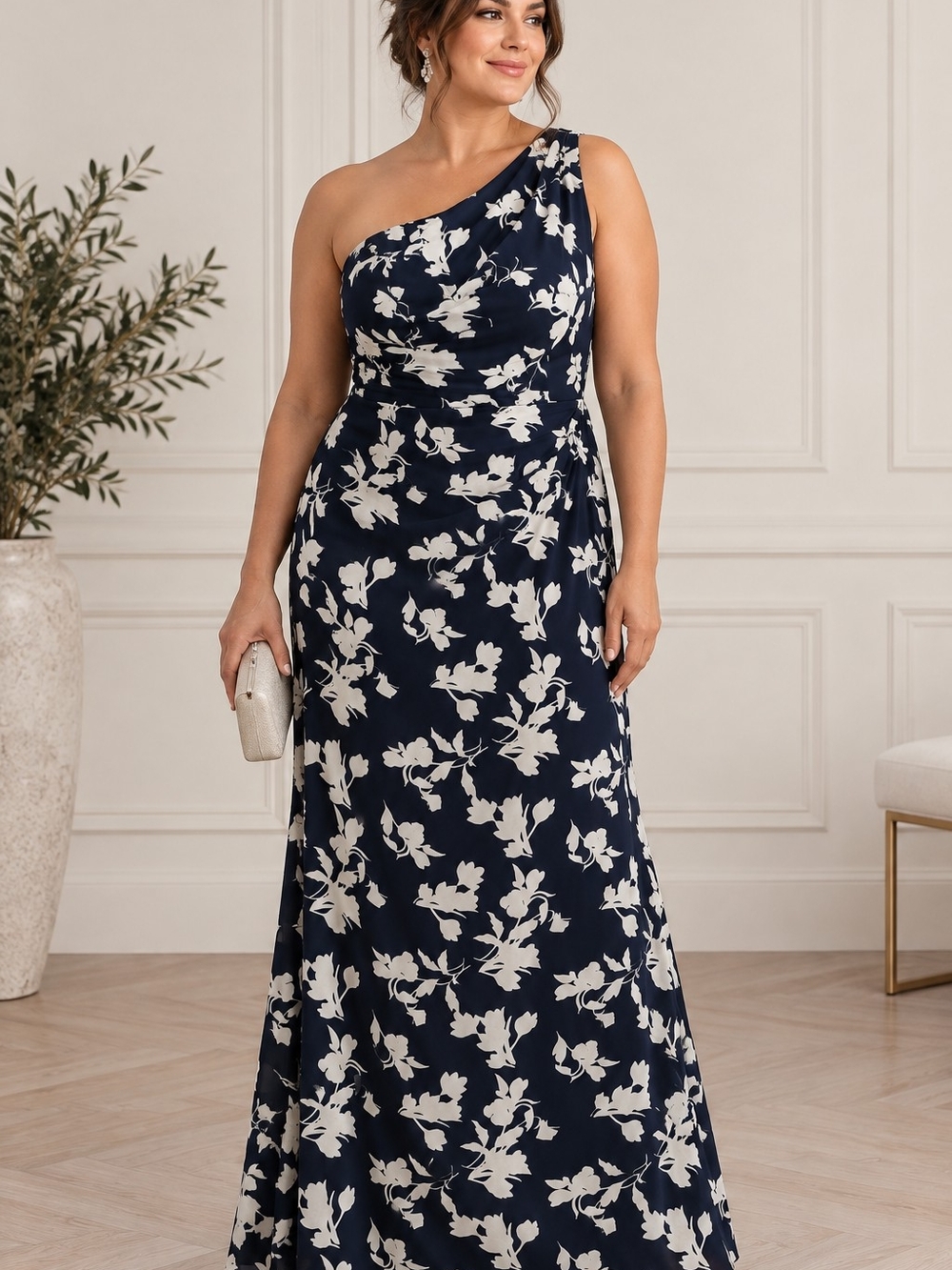 NWT Sachin & Babi Chelsea Gown Navy Floral One Shoulder Dress 18W